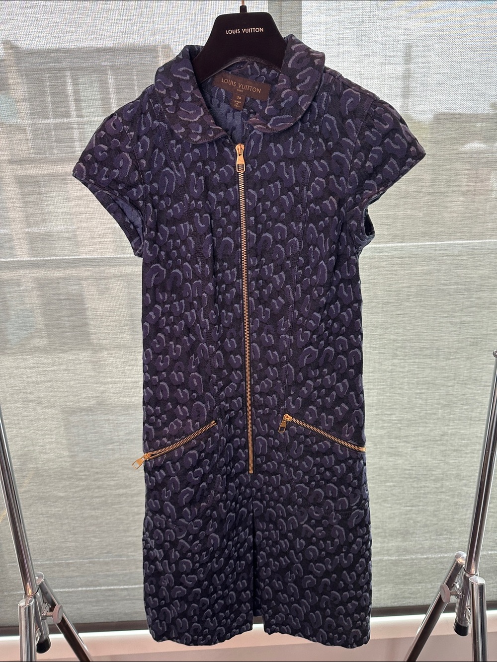 Louis Vuitton Women's Cruise Collection Navy Denim Leopard-Print Zip Front Dress